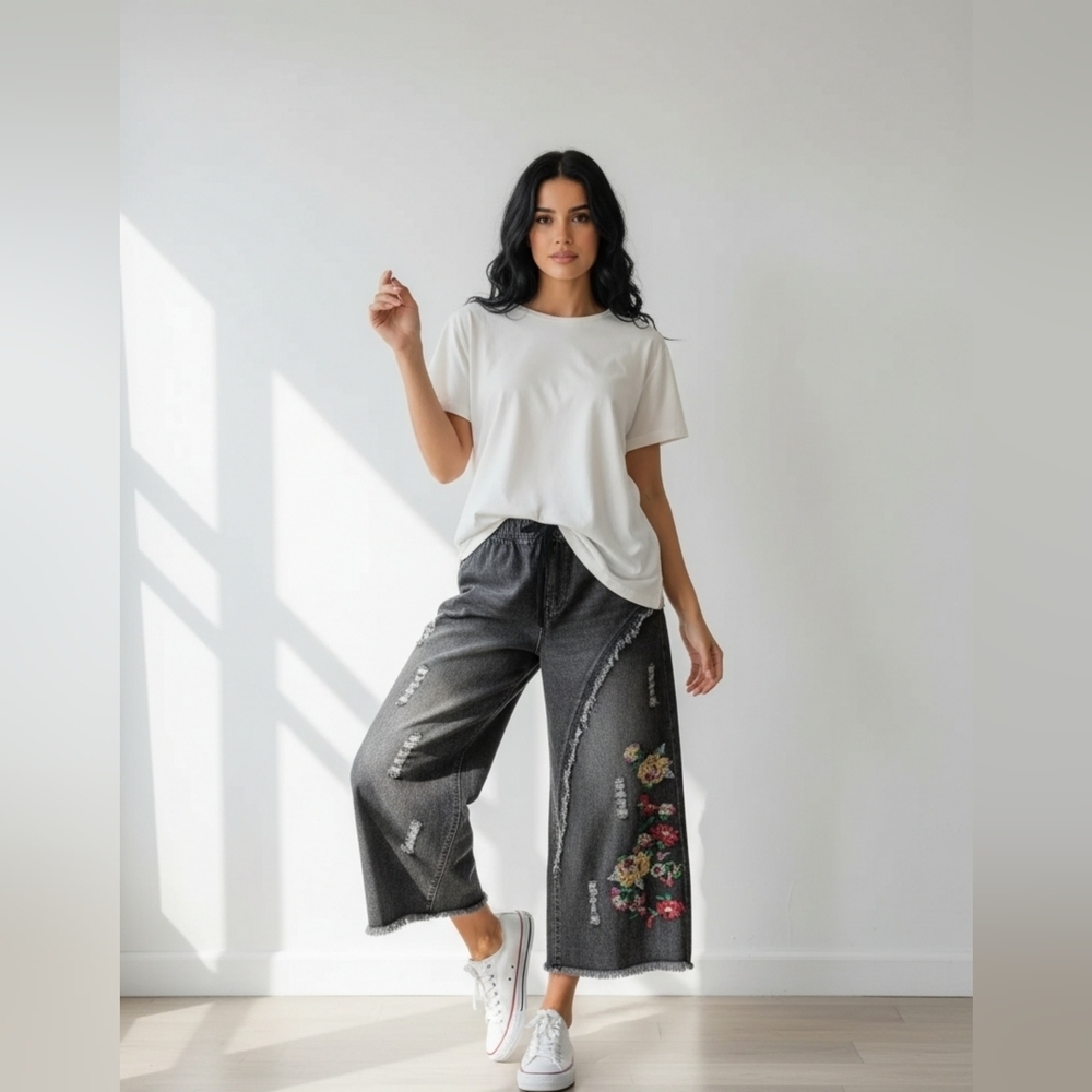 YESNO Boho Hippie Indie Embroidered Floral Denim Wide Leg Cropped Jeans Size 28